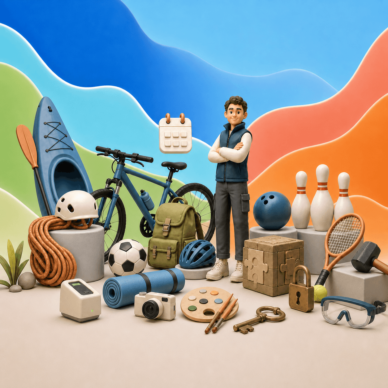 Freizeitanbieter mit Kajak, Klettern, Fahrrad, Tennis, Fußball, Yoga, Bowling, Escape-Room- und Smash-Room-Ausrüstung